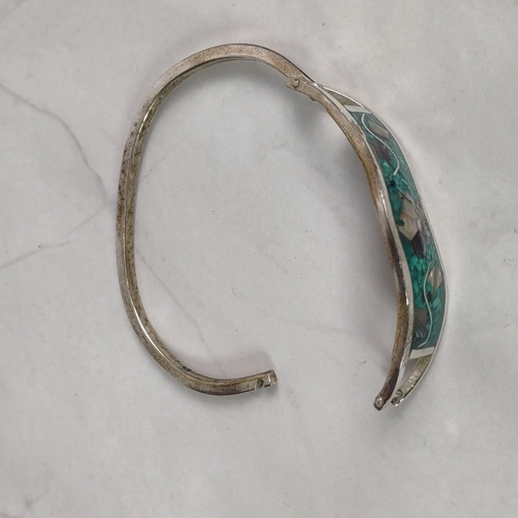 Vintage Alpaca Silver Turquoise/Abalone Inlay Hinged Bracelet - Picture 6 of 9